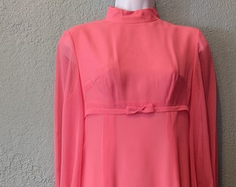 1960 MOD Empire Waist Chiffon Formal/Bridesmaid/Prom Size Small, Coral/Tangerine, Chiffon Long Sleeves, Band Collar, Bow Trim