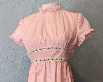 Handmade Bridesmaid Dress 60s or 70s Size Small Pink White Dotted Swiss w/ Ruffled sleeves neck hem High waist accented w/ Lace & green trim