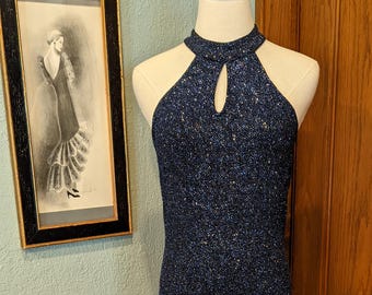90's Body Hugging Shiny Blue & Gold dotted Long formal dress Size 12 by J.R. Nites Caliendo Sexy Key Hole Front w/open back