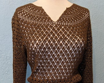 Vintage Hand Crocheted Knit Midi Dress Size Medium 70's Chocolate Brown Boho Seamless Pullover Mesh Dress