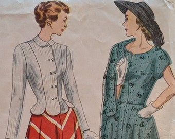 1948 Misses one piece dress & jacket Sewing Pattern Size 12 bust 30" waist 25 Simplicity 2370 Cut and Complete Scalloped Jacket Edge