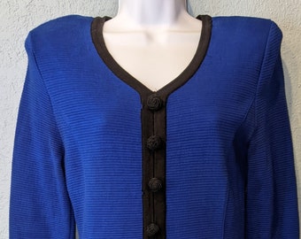 Vtg. 80's Adrienne Vittadini Feminine Knit Wear Dress Size Small Blue & Black with Fabric Rose Button Accents