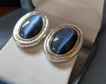 Vtg. 80's Blue Cat Eye Sterling Silver Clip Earrings