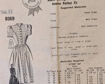 1950's Mail Order Sue Burnett Pattern 8369 Size 12 Bust 33 Hips 34 make a Basque Dress short or 3/4 sleeve with a petticoat underneath