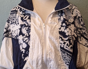 90's Navy & White Bomber/Track Jacket Size Medium by Cabazon Floral and Abstract Navy Print on White Jacket