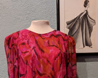 80's Chiffon & Satin Cocktail Dress Size Medium Ann Hobbs for Cattiva's Vivid Colorful Floral Print, Flounce Tiered Ruffle