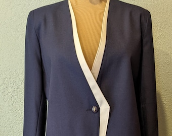 TanJay Navy & White Dress Suit Size 10 Classic Jacket and Pleated Wrap Skirt