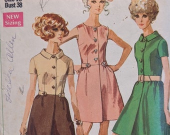 1969 Sewing Pattern to make a Shirt Dress Simplicity 7982 Size 16, Bust 38 Front button closing, front pleat, roll collar. Cut and complete