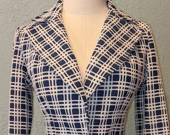 Vintage 70's Russ Blue & White Checked Jacket Blazer Size Small Polyester Double Knit