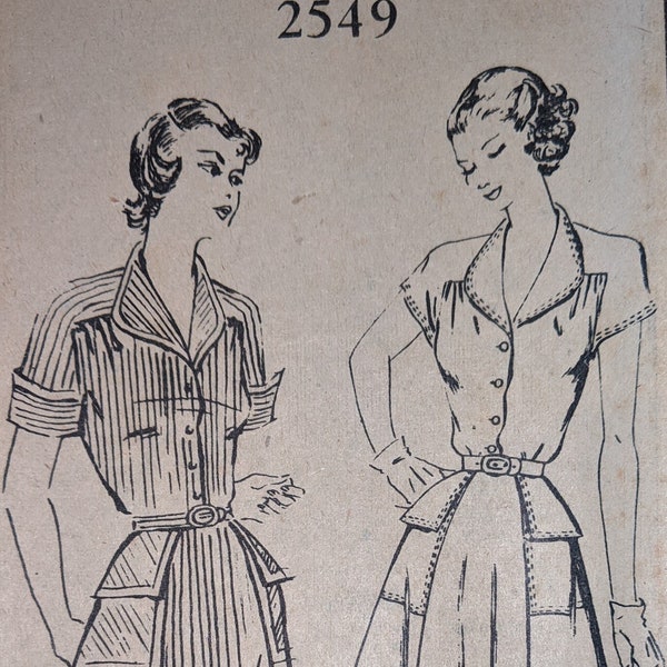 Original Late 1940's or Early 1950's Shirt Waist Dress Pattern #2549  Size 12 Bust 30 Waist 25 Hip 33 Mail Order Unprinted Pattern