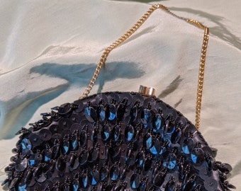 Elegant Tear Drop Black Beads & Sequin Evening Bag Satin fabric inside Gold tone Clasp and Chain