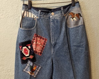 90's High Waisted Jeans Size 12 by Country Store Dry Goods Five pocket jeans w/ Horse, Dog, Roosters & patch pockets Farmer, County Fair