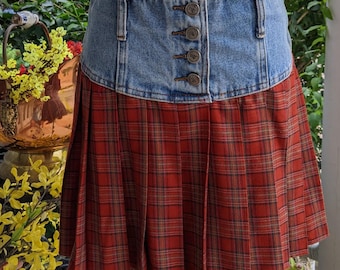 80's Short Skirt denim with tartan plaid pleats by MGR Clothing Size 9 (med) 30" hip, Four buttons in front plus a side zipper