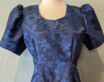 Blue Floral Brocade Special Occasion Dress Size Medium 1990's Handmade Shoulder Pads Fitted Bodice Sweetheart neckline Slim Skirt