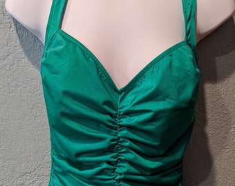 1960's one piece swimsuit by Robby Len Fashions New w/tag unattached Size 40 Bust 32" Green Ruched Front Seam Longer Leg Opening