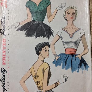 May include: Vintage Simplicity pattern 4647 featuring illustrations of three dresses. The cover shows a green polka dot top with a black skirt, a white top with a blue skirt, and a yellow dress. Size 12, Bust 30.