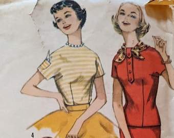 1950's Top/Blouse Sewing Pattern Size 10 Bust 30 Simplicity 1782 Short Sleeve, Round Neck, Tab trim or small collar Simple To Make