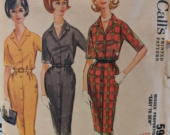 1961 Slim Fitted Shirt/Coat Dress Sewing Pattern Size 20 Bust 40 McCalls #5990 Cut & Complete