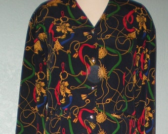 1980's Chaus 2 piece polyester dress size 10 Chain and medal print Cropped top and pleated skirt gold red green on navy background