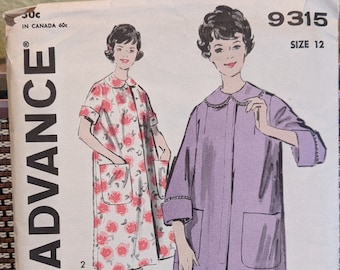 1950's Robe for a lovely lady in lounging. Advance Pattern 9315 Size 12, Bust 32 Uncut Pattern Pockets, Collar, 3/4 sleeves or short sleeves