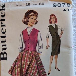 May include: Vintage Butterick sewing pattern featuring illustrations of a woman in a skirt and vest ensemble and a dress. The pattern includes a skirt, vest, and dress design. The pattern is labeled "SUB-TEENS" and includes the bust size 28 and size 8S.