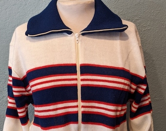 1970 Red White Blue Striped Front Zip Cardigan by Pro Action Campus Size large Made in USA Nautical/Preppy California Look Sports Sweater