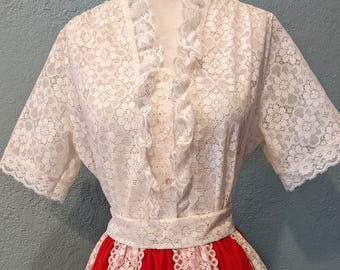 Red Velour & White Lace Skirt w/ matching Lace Top and belt By Carefree Fashions Size L Costume for German Folk Oktober Fest/Swedish Fest
