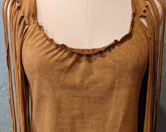 80's Charlotte Russe Boho Tank Top with fringe Size Med Brown Faux Suede Soft & Stretchable Fabric Made In USA