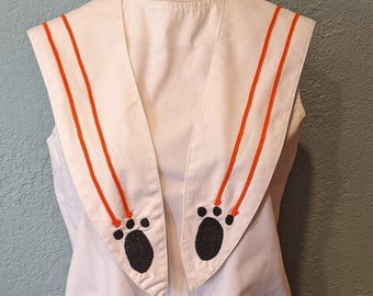 70's Three piece skirt, top, Embroidered Draped Scarf Cheerleader Uniform white pleat w/Orange & Black Trim Size Medium 28" waist Handmade