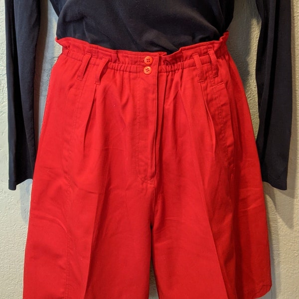 Izod Red Cotton Shorts Size Large 1980's High Waist, Pleated Front, Patch & Insert Pockets Belt Loops Made in Portugal