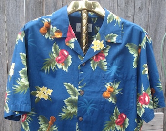 Bishop Street Men's Hawaiian Shirt Size Large Ukuleles, Ipu Heke, Palm trees, flowers, yellow, red, green on dark blue 100% cotton