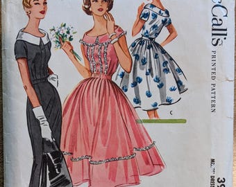 1956 Slim or Full Summer Dress Sewing Pattern McCalls 3988 Size 12 bust 32 waist 25 Form Fitting or Big Skirt Rockabilly Cut & Complete