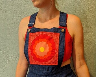 1971 Overall Shorts Size L Handmade from Simplicity Pattern 9573 Blue, Yellow, Red, Lightweight cotton fabric w/ Applique