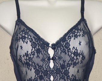 Vintage Vanity Fair Nylon & Lace Camisole/Teddy Size 32 Navy Blue Front button closure
