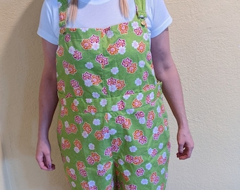 Floral denim Overall Shorts Plus Size 1X Bib Overalls Handmade from McCalls Pattern M8162 Pink, Orange, Burgundy Flowers on lime green