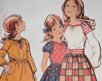 1970's Peasant/Prairie/Cottage Core/Country Dress Long or Short Girls size 7 McCalls 3067 Raglan sleeves, Ruffled Skirt Uncut
