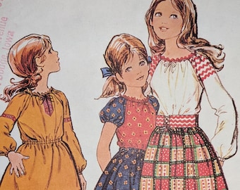 1970's Peasant/Prairie/Cottage Core/Country Dress Long or Short Girls size 7 McCalls 3067 Raglan sleeves, Ruffled Skirt Uncut