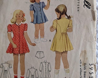 1940's Childs dress and Panties Sewing Pattern Size 4 McCall #3955 Cut & Complete