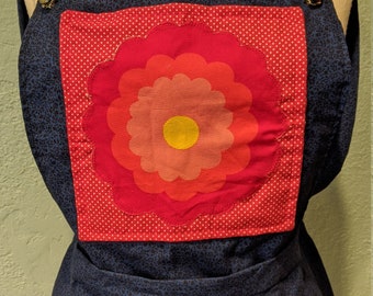 1970's Overall Shorts Size L Handmade by me used Simplicity Pattern 9573 & Blue, Yellow, Red, Lightweight cotton fabric w/self made Applique
