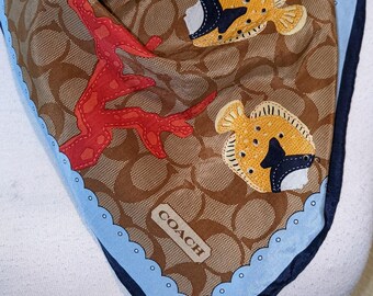 Coach Signature Tan, Carmine Coral and Fish Scarf with Sequin Details