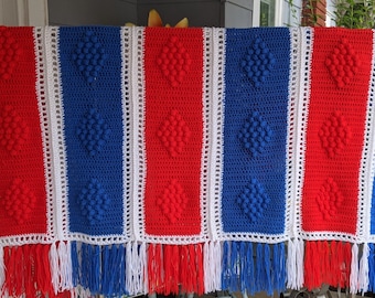 Red, White & Blue Crocheted Afghan Size 68" by 55" Bobble Diamond pattern, trimmed in white with a 7 inch fringe