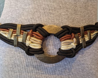 1980's Macramé Braided Rope Knot Belt Size Medium Woven Twisted Belt Earth tone colors, black, brown, beige, Gold tone center ring