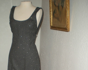 1970's Gray Wool & Rhinestone Formal Gown Long Wiggle Dress Size 7 Handmade, Lined Open Back