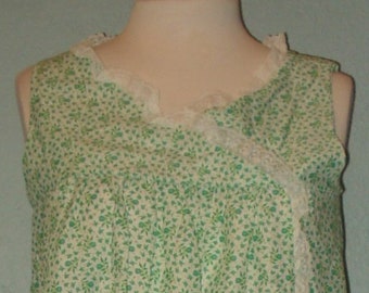 Lewis Frimel Vintage Granny Gown Size Small Green & Blue Calico Print Lace Trim New from Old Stock 1960's Original Granny Gown