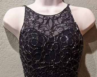 1980's Andretta Donatello Full Length Beaded Evening Gown Size Small Dark Navy w/ Black Beads & Sequins High Halter Type Neck Front Slit