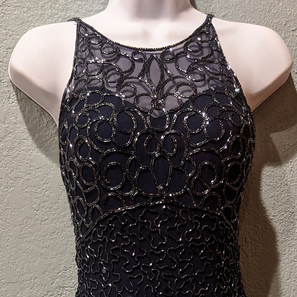 1980's Andretta Donatello Full Length Beaded Evening Gown Size Small Dark Navy w/ Black Beads & Sequins High Halter Type Neck Front Slit