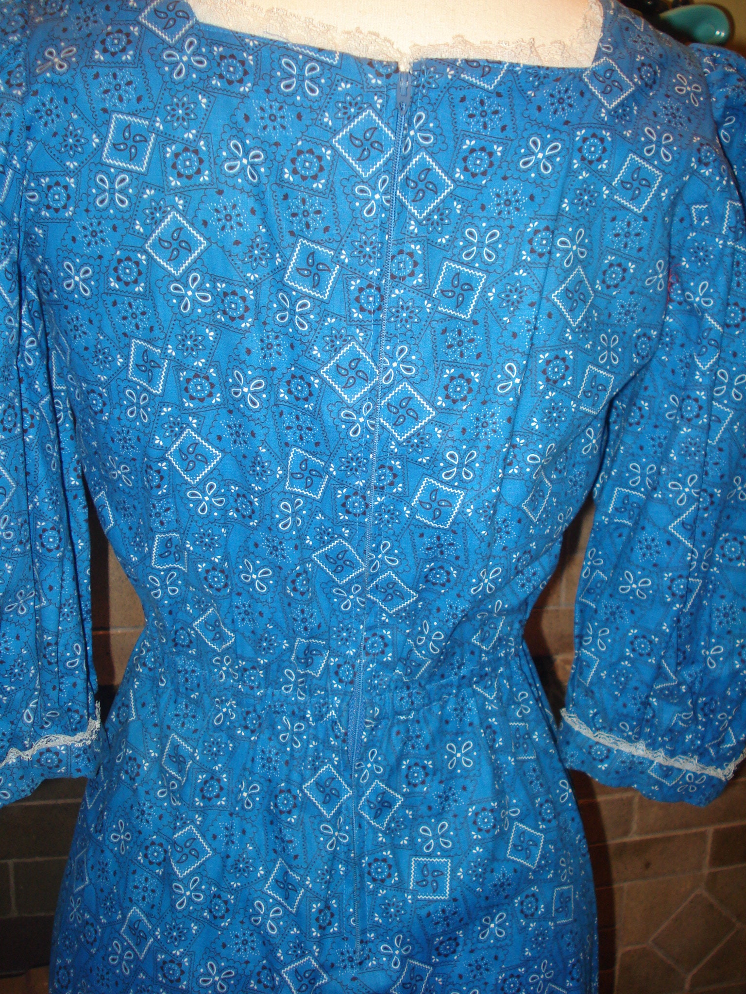 Vintage Blue Bandana Print Prairie Pioneer Colonial Maxi Dress Handmade ...