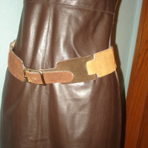 Brown, Tan, Copper, Very 70's Earth-tone colors Suede Belt Size M handmade by Calderon Gold tone buckle image 2