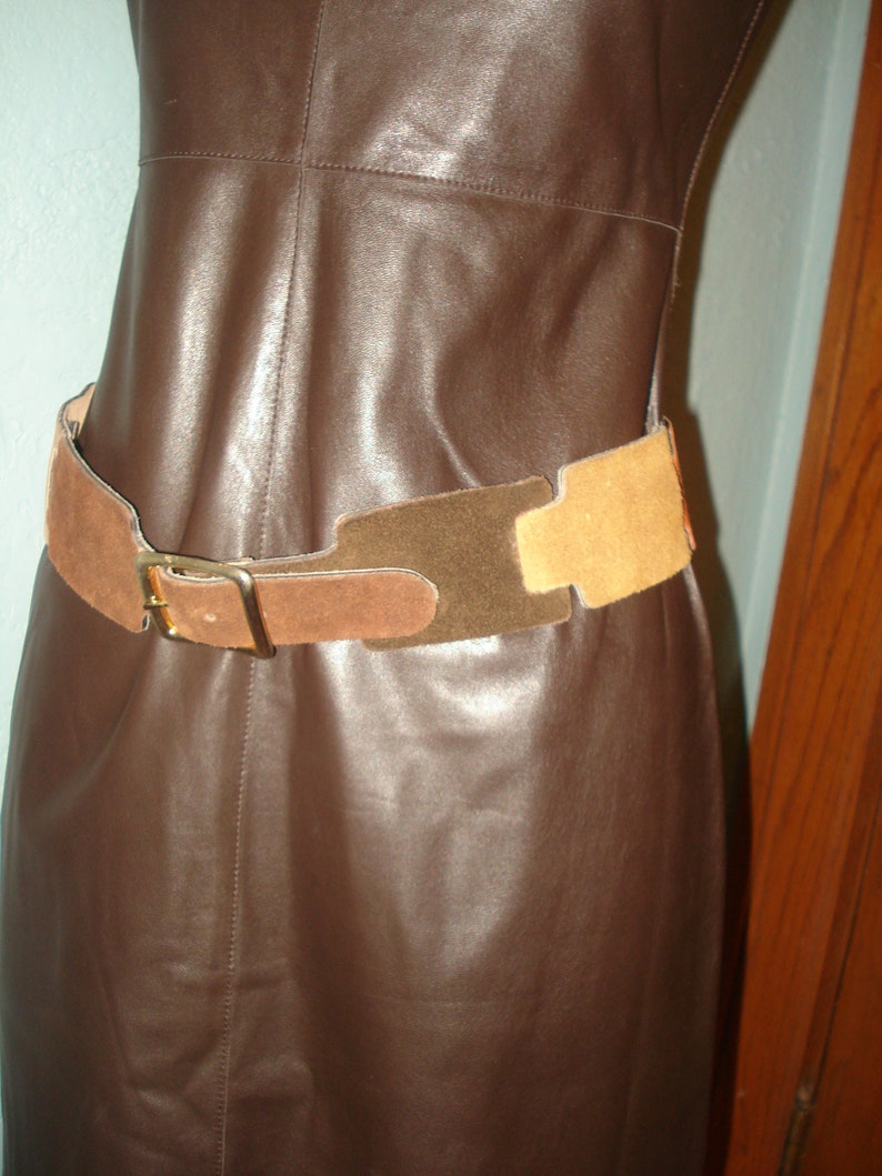 Brown, Tan, Copper, Very 70's Earth-tone colors Suede Belt Size M handmade by Calderon Gold tone buckle image 2