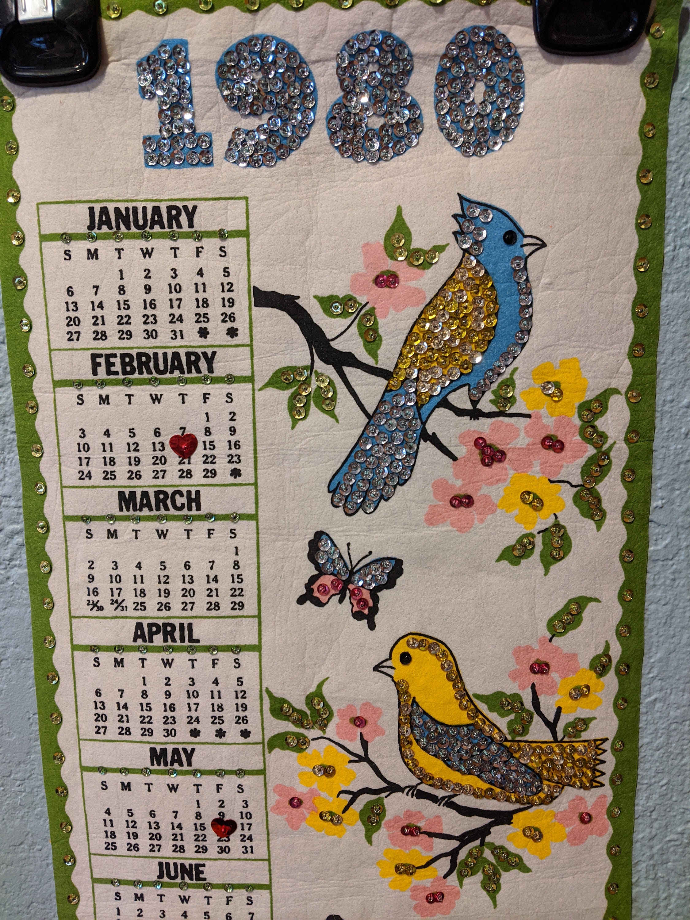1980 Felt And Sequin Hanging Wall Calendar W Blue And Yellow Birds Butterflies Flowers